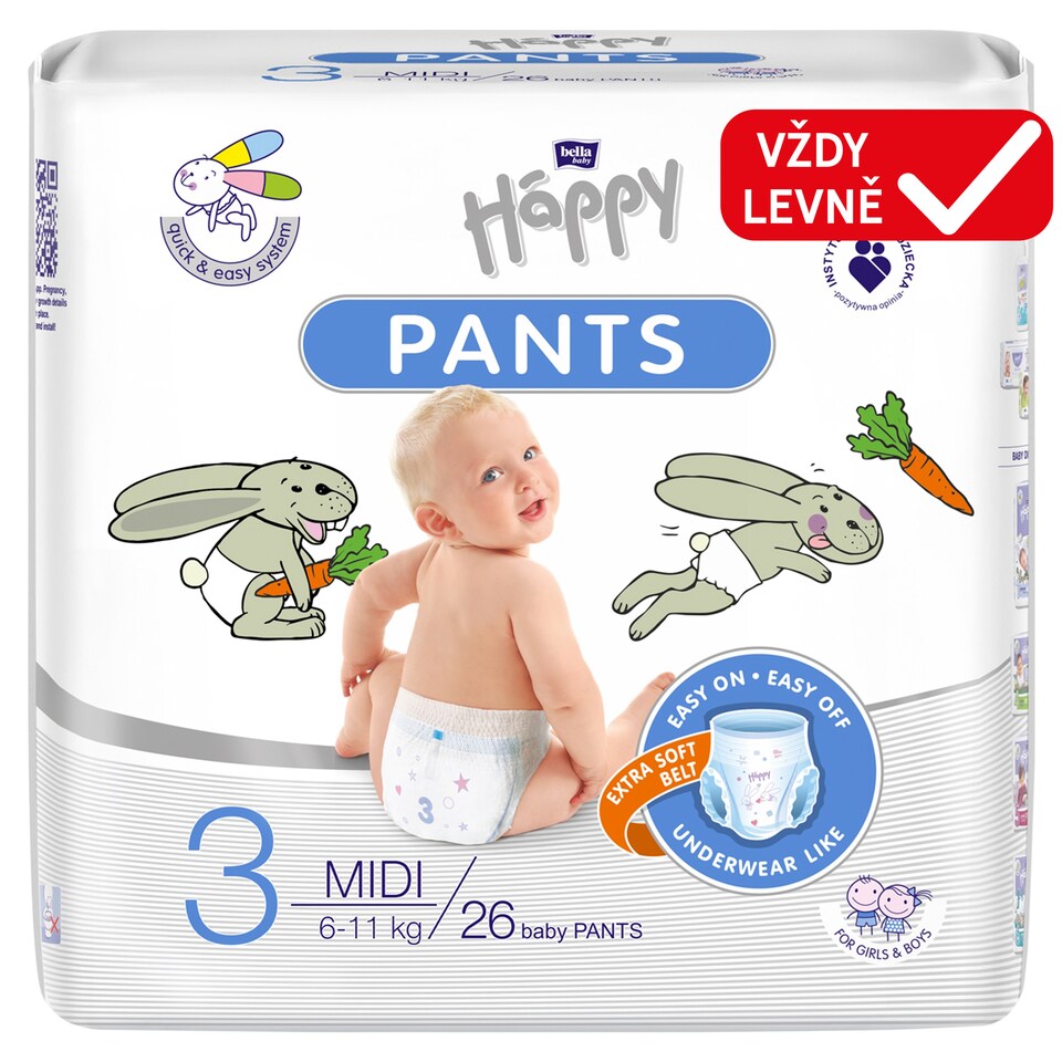 Bella Baby Happy Dětské plenkové kalhotky 3 midi 6-11 kg 26 ks