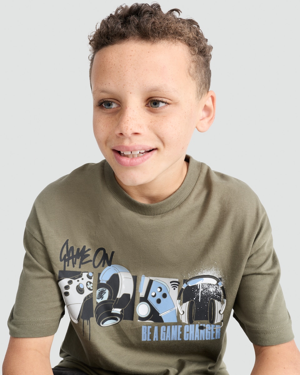 image 1 of F&F Boys Pure Cotton Slogan Short Sleeved T-Shirt in Khaki
