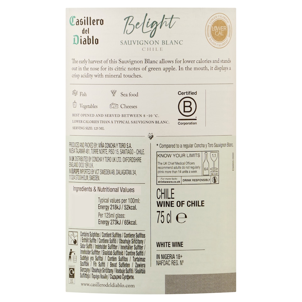 image 1 of Casillero Del Diablo BeLight Sauvignon Blanc 75cl