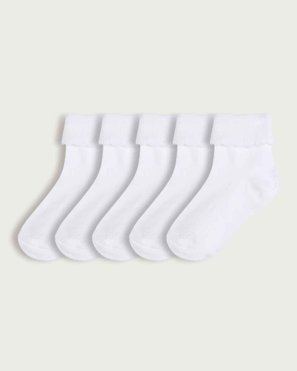 F&F School Girls 5-Pack Cotton Rich Turnover Top Socks in White