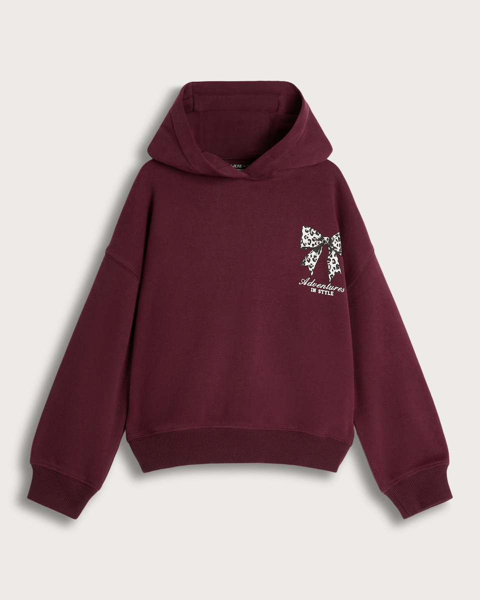 image 1 of F&F Girls Cotton Rich Adventures in Style Slogan Hoodie in Burgundy