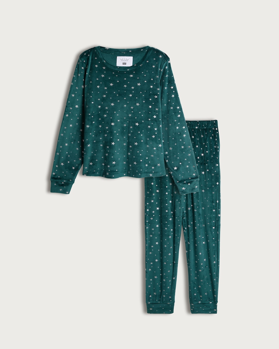 image 1 of F&F Fleece Star Print Top and Bottoms Pyjamas in Green