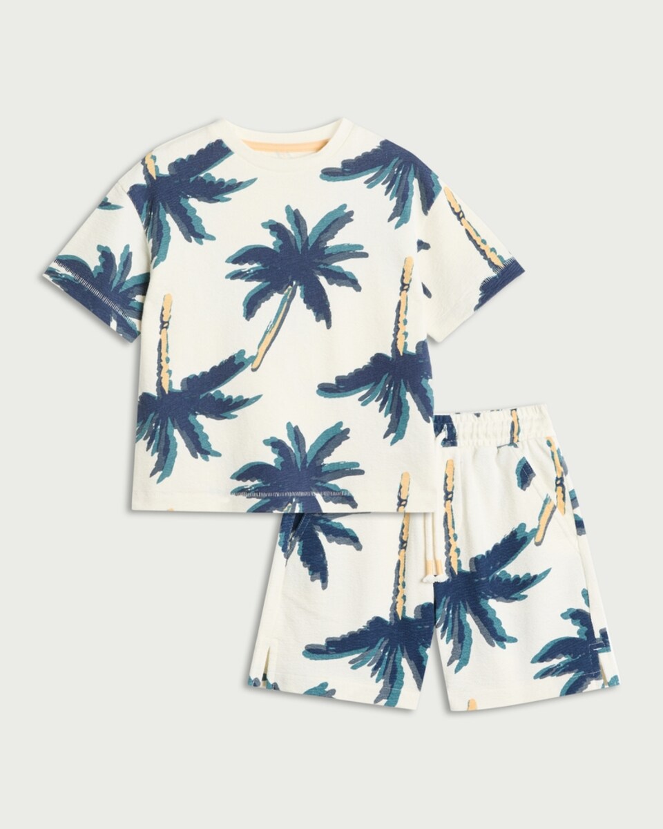 image 1 of F&F Boys 2-Piece Pure Cotton Palm Tree Print T-Shirt and Shorts Set in Cream