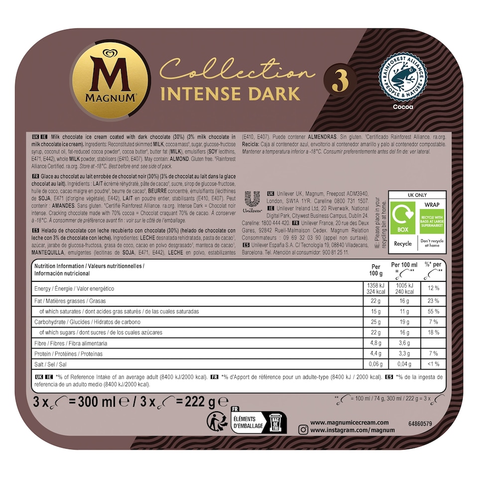 image 1 of Magnum Collection Intense Dark Chocolate Ice Cream Sticks 3 x 100ml