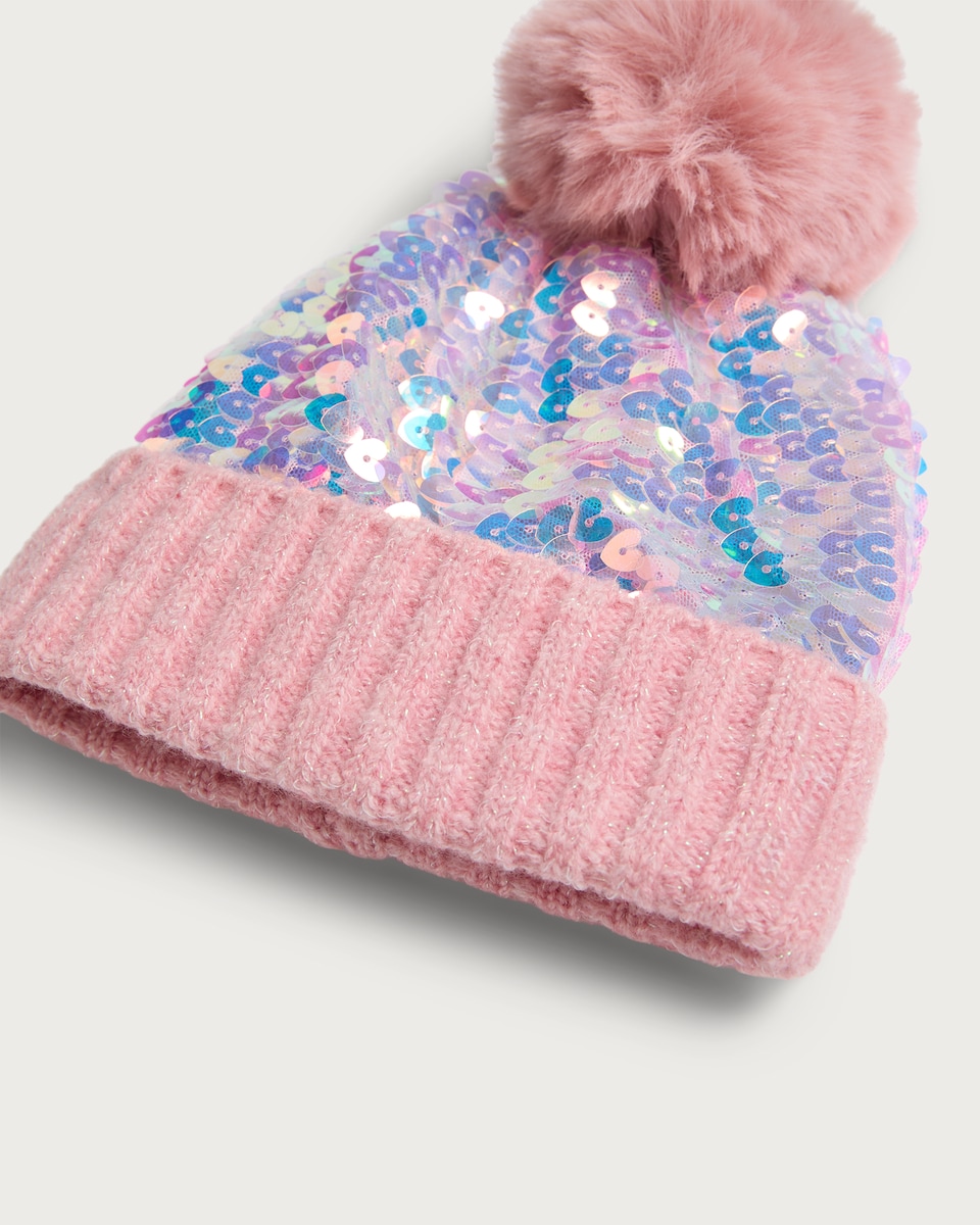 image 1 of F&F Girls Sequin Pom Pom Beanie Hat in Multi