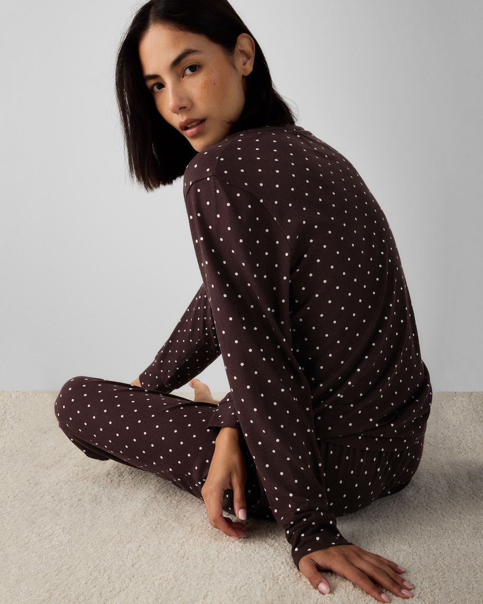 image 1 of F&F Brushed Polka Dot Pyjama Set in Burgundy