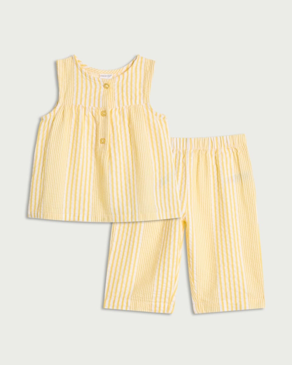 image 1 of F&F Baby 2-Piece Pure Cotton Striped Sleeveless Top and Trousers Set in Yellow