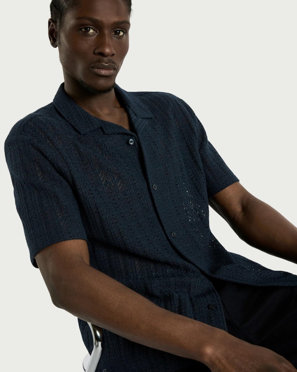 image 1 of F&F Cotton Rich Textured Short Sleeved Shirt in Navy