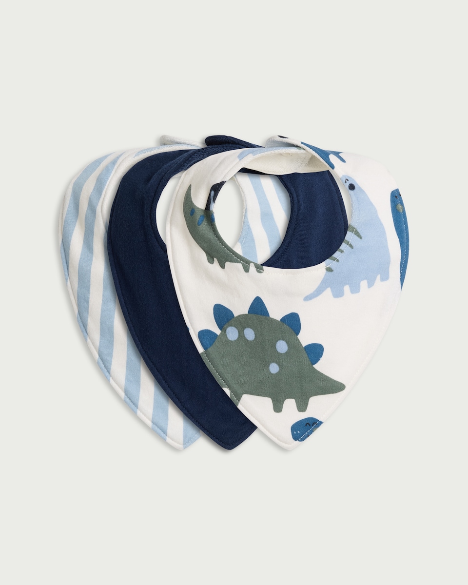 image 1 of F&F Baby 3-Pack Pure Cotton Dinosaur Print Dribble Bibs in Blue