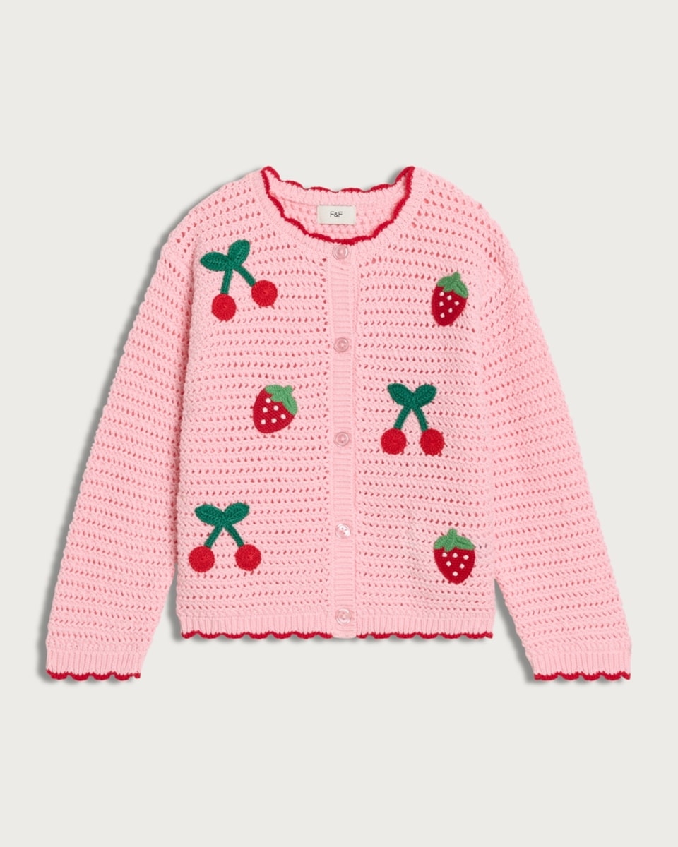 image 1 of F&F Girls Pure Cotton Knitted Fruit Cardigan in Pink