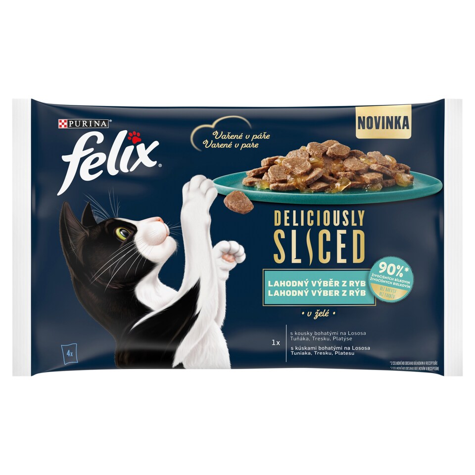 Felix Deliciously Sliced kapsičky pro kočky losos, tuňák, treska, platýs v želé 4 x 80g