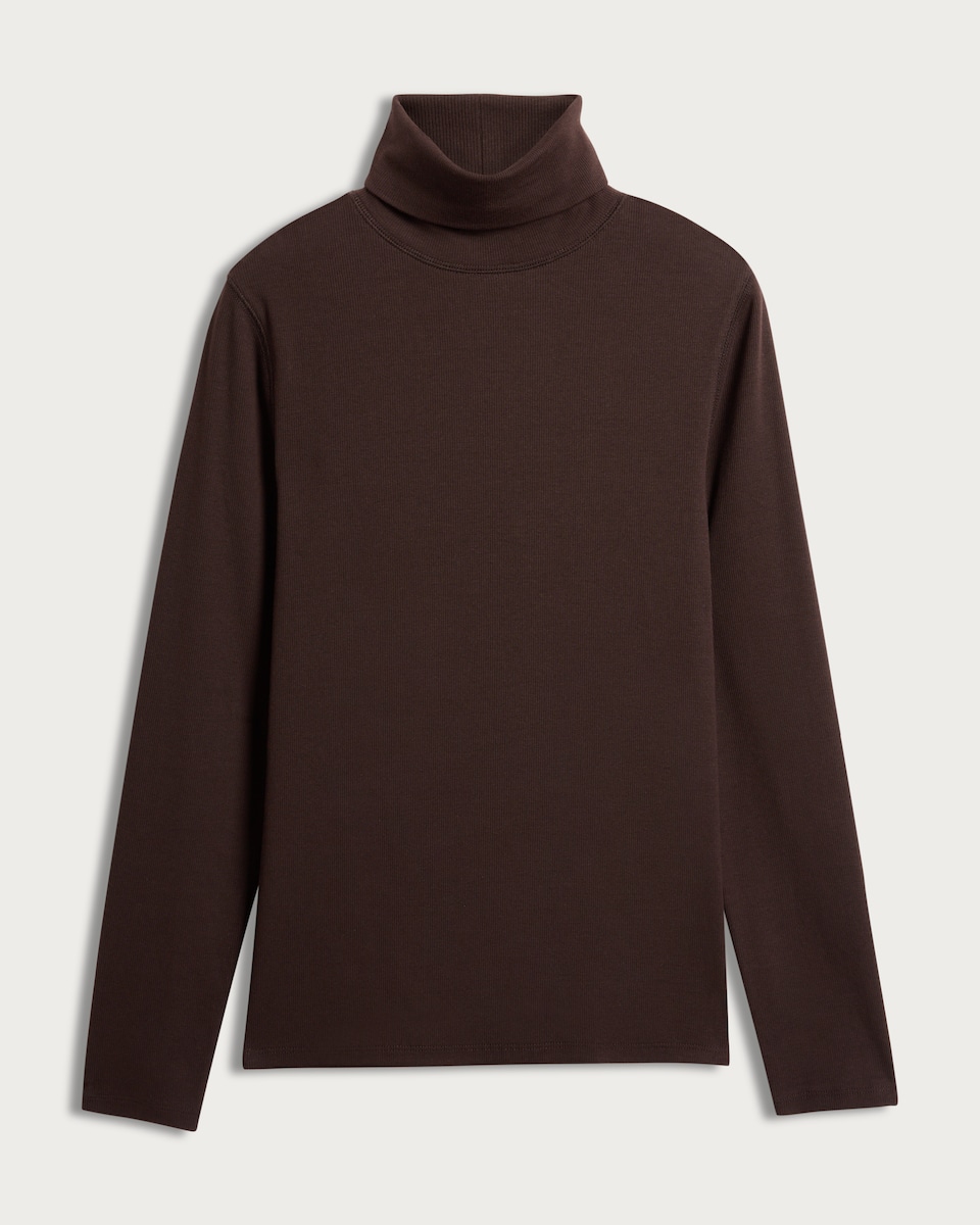 image 1 of F&F Ribbed Roll Neck Long Sleeved Top in Brown
