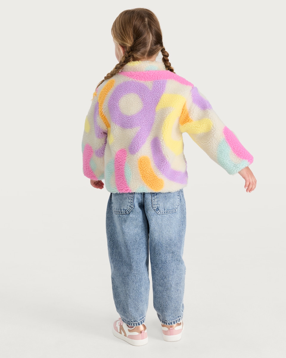 image 1 of F&F Girls Squiggle Print Textured Borg Jacket in Multi