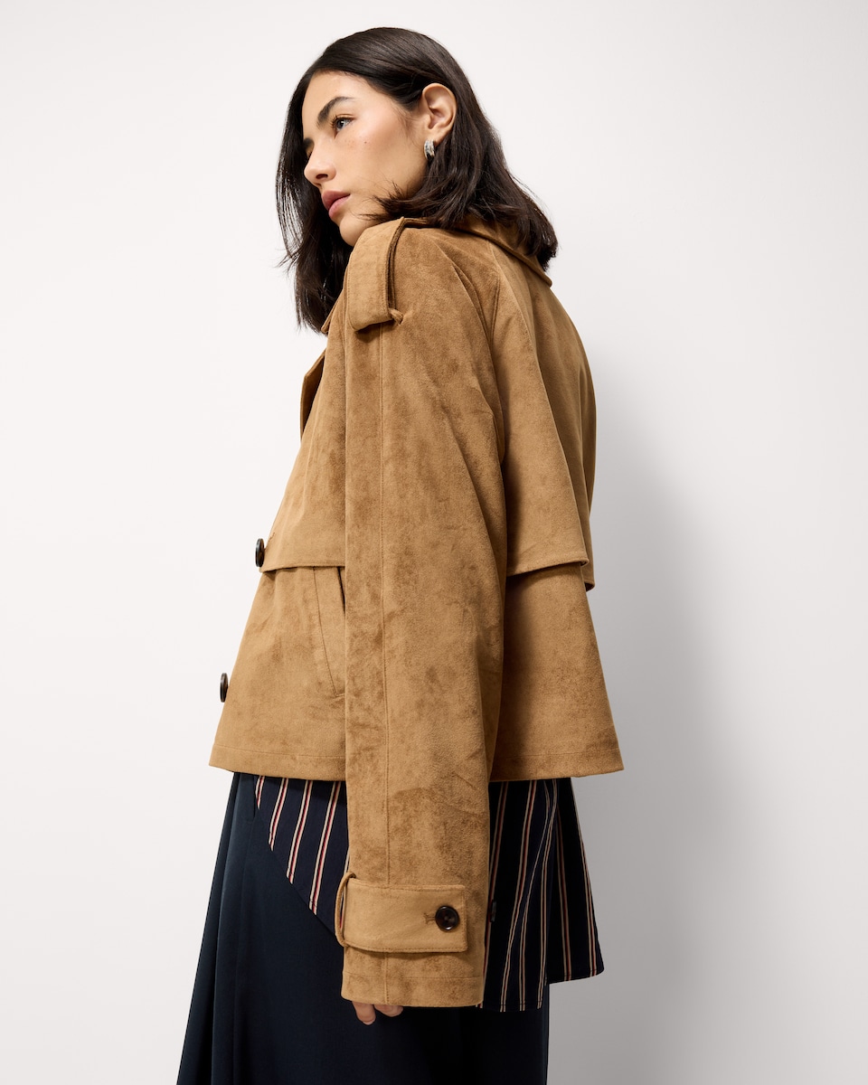 image 1 of F&F Faux Suede Cropped Trench Jacket in Med Nude