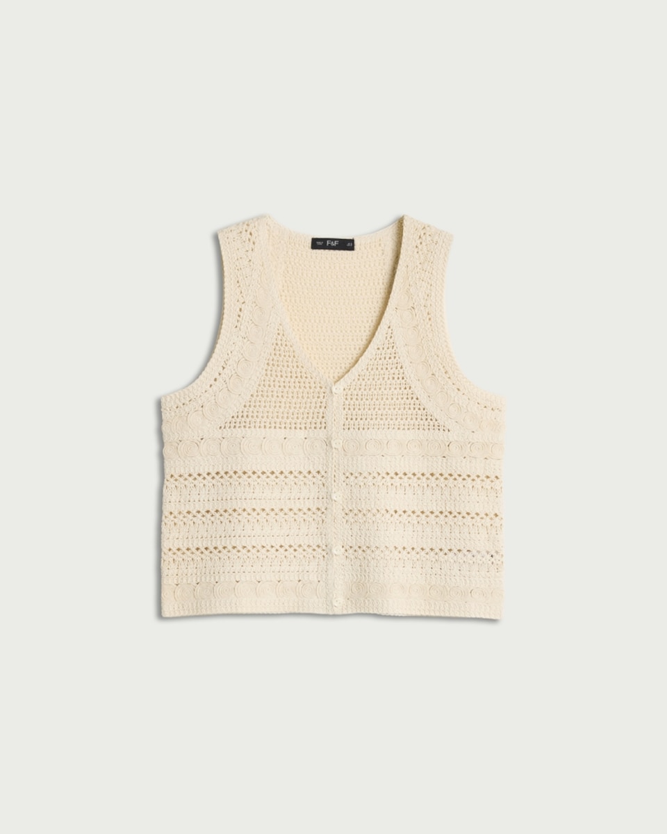 image 1 of F&F Pure Cotton Embroidered Knitted Button Up Top in Cream