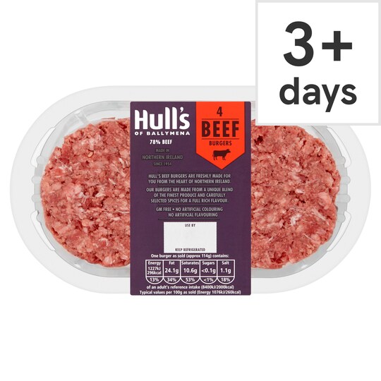 Hulls Quarter Pound Beef Burgers 454G Tesco Groceries