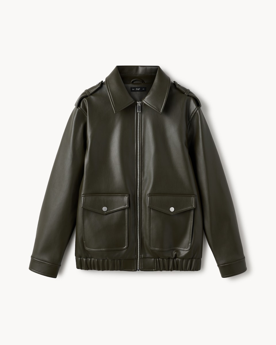 image 1 of F&F Faux Leather Patch Pocket Jacket in Khaki