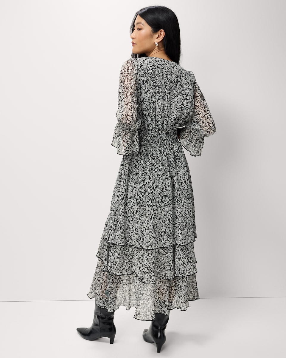 image 1 of F&F Chiffon Printed Tiered Midi Dress in Multi Black White
