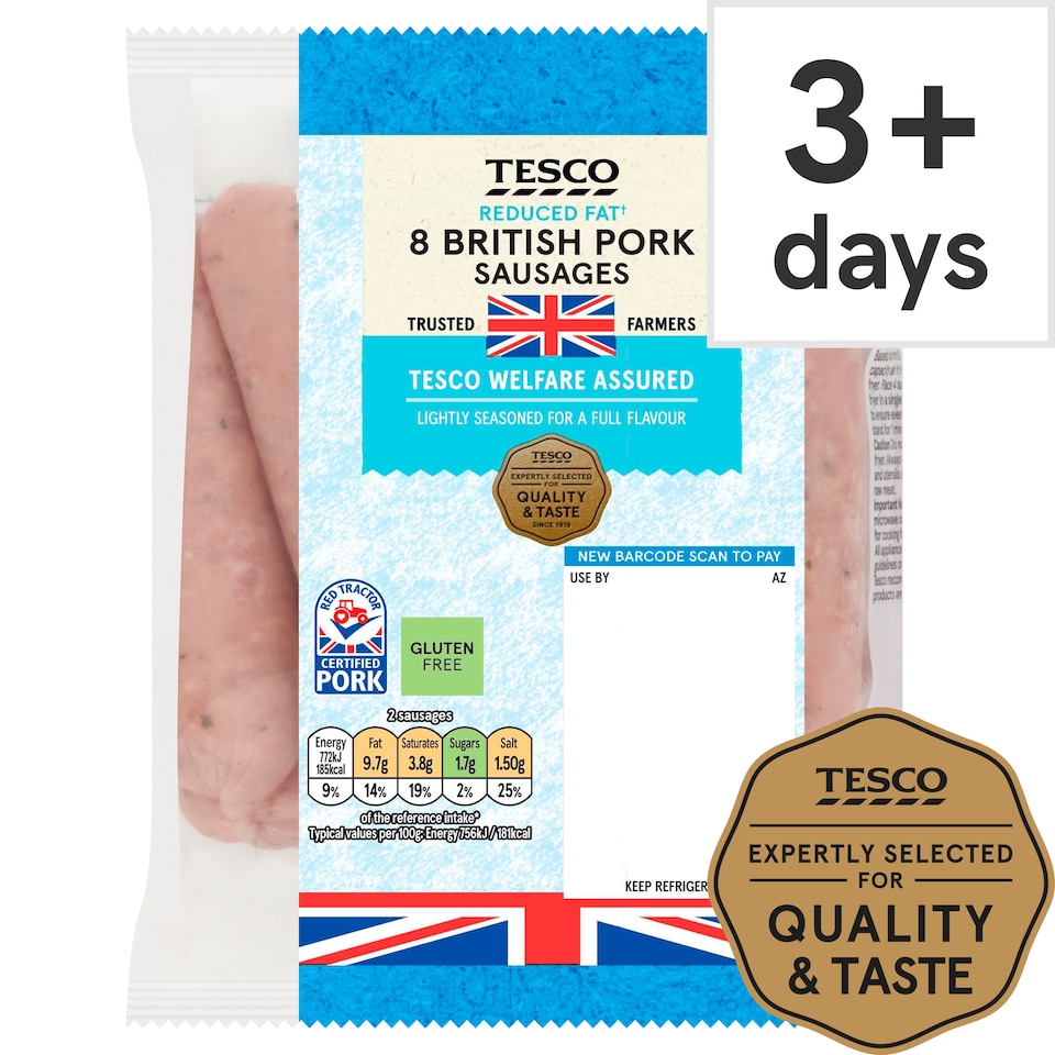 Tesco 8 Reduced Fat Pork Sausages 454G