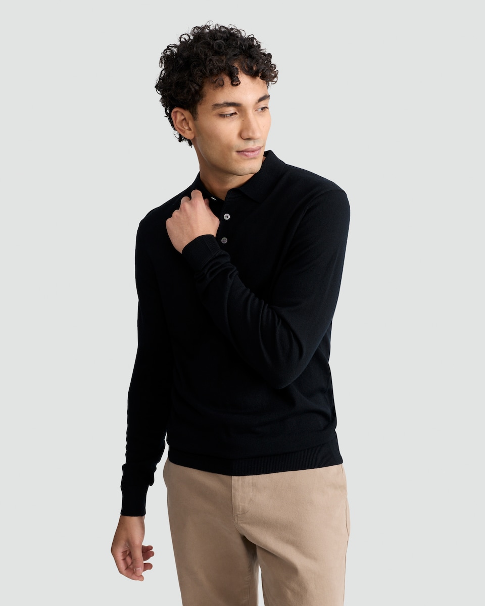 image 1 of F&F Pure Merino Wool Long Sleeved Polo Shirt in Black