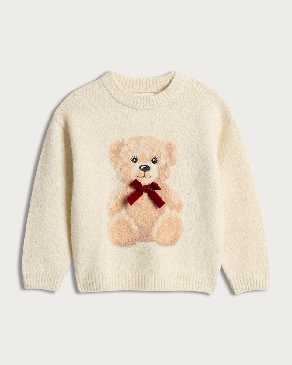image 1 of F&F Girls Textured Teddy Bear Jumper in Cream