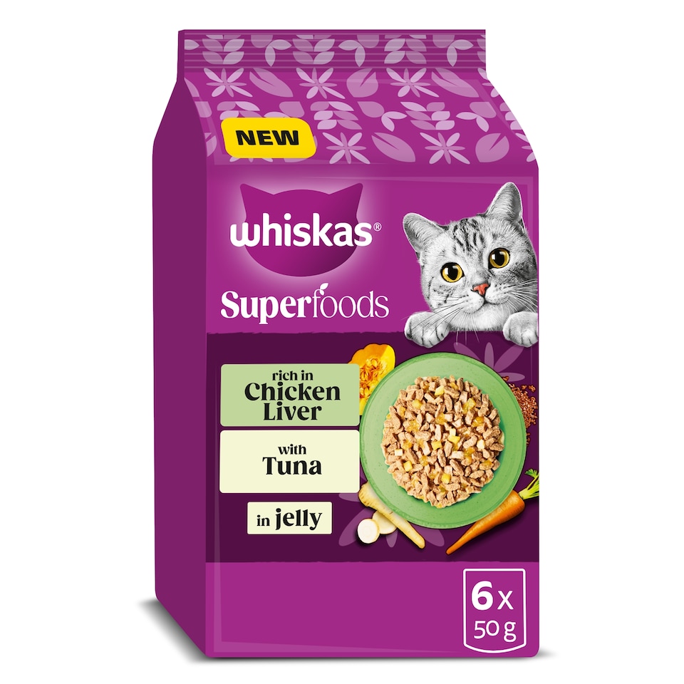 image 1 of WHISKAS 1+ SUPERFOODS MIXED Selection Wet Cat Food Pouches in Jelly 6x50g