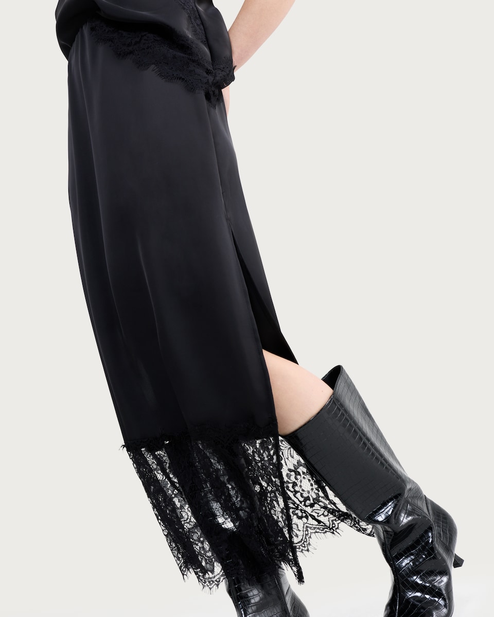 image 1 of F&F Satin Lace Trim Co-ord Midi Skirt in Black