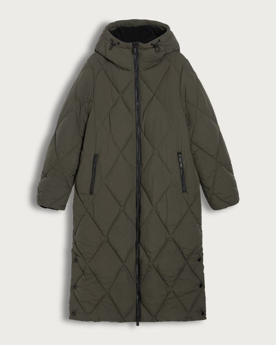 image 1 of F&F Quilted Longline Shower Resistant Zip Up Coat in Khaki