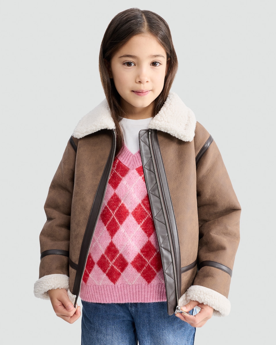 image 1 of F&F Girls Faux Shearling Aviator Jacket in Brown