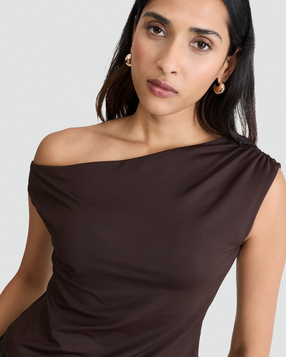 image 1 of F&F Polyamide Asymmetric Neck Sleeveless Top in Chocolate