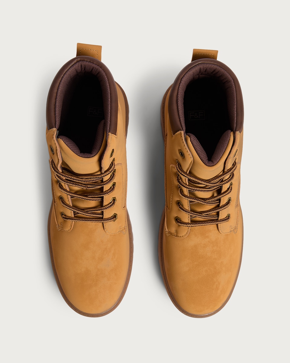 image 1 of F&F Lace Up Worker Ankle Boots in Tan