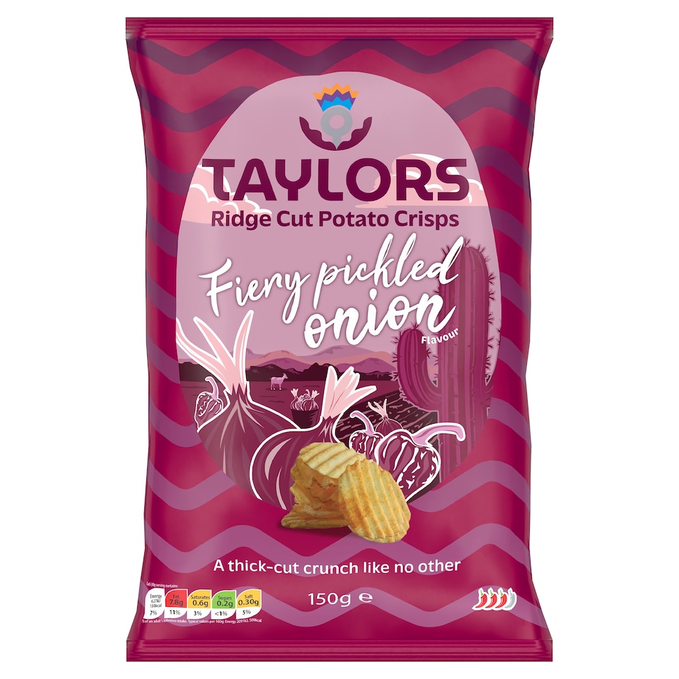 Taylors Fiery Pickled Onion Flavour Ridge Cut Potato Crisps 150g
