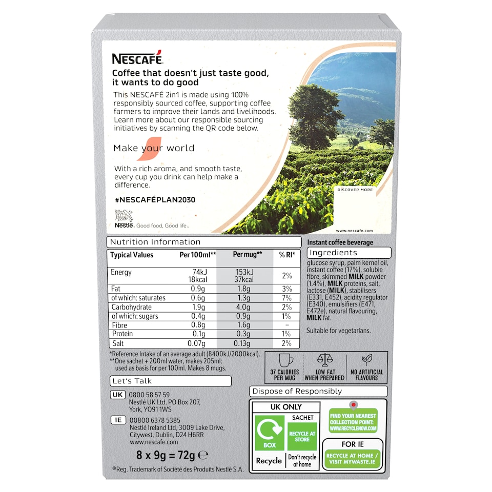 image 1 of Nescafe 2 in 1 Coffee Sachets 8 x 9g (72g)