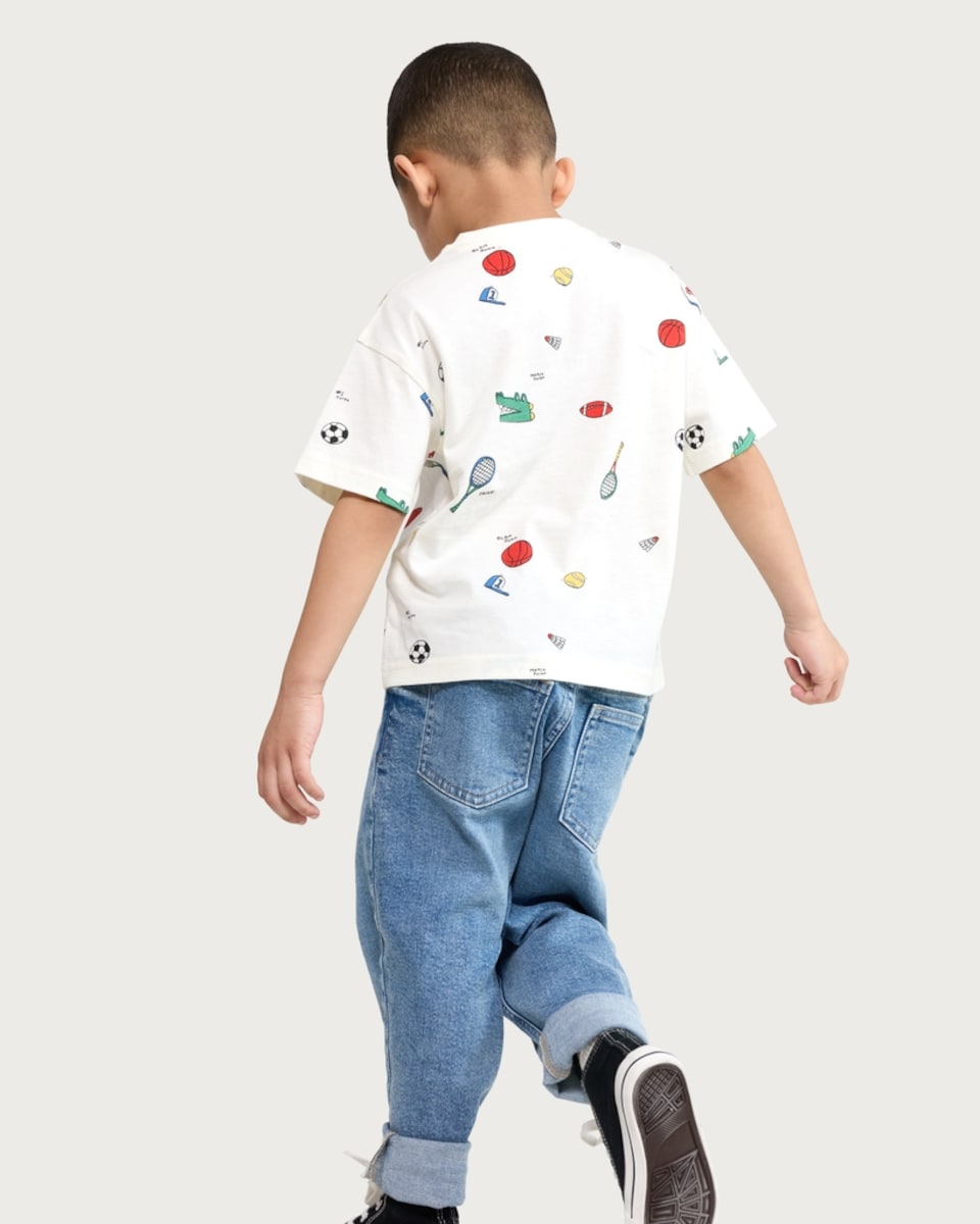 image 1 of F&F Boys Pure Cotton Sports Print T-Shirt in Cream