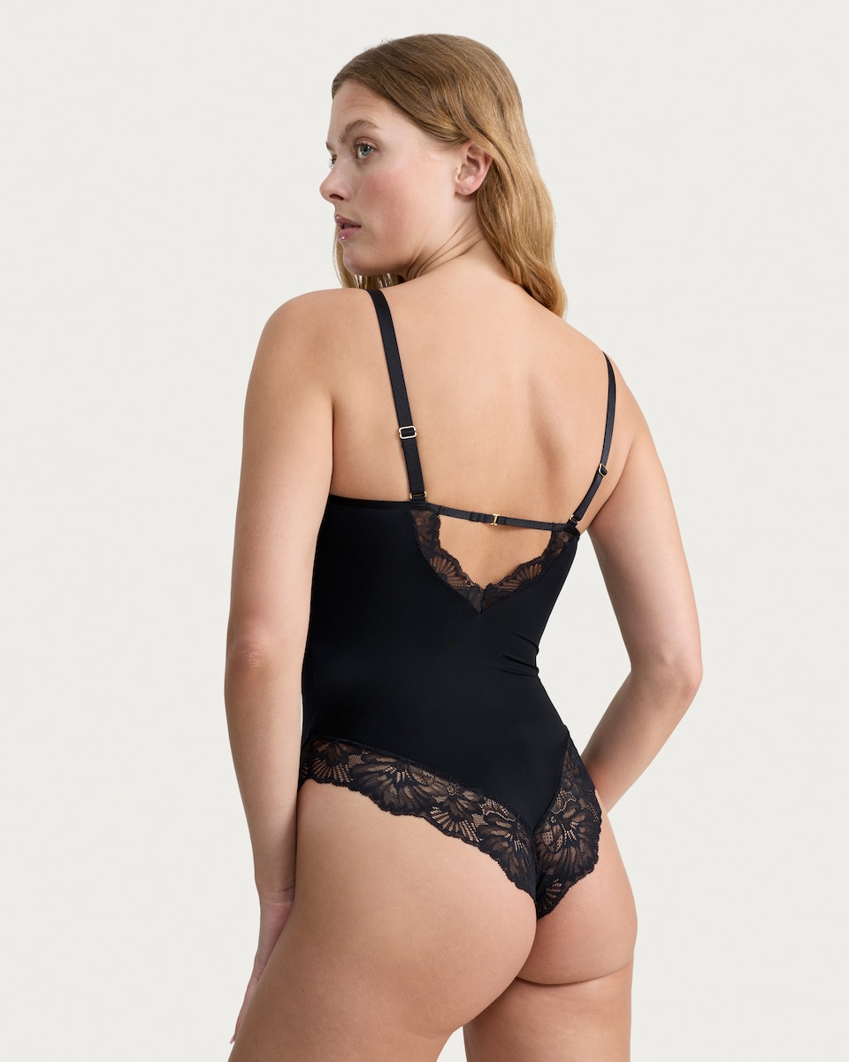 image 1 of The F&F Edit Lace Panel Bodysuit in Black