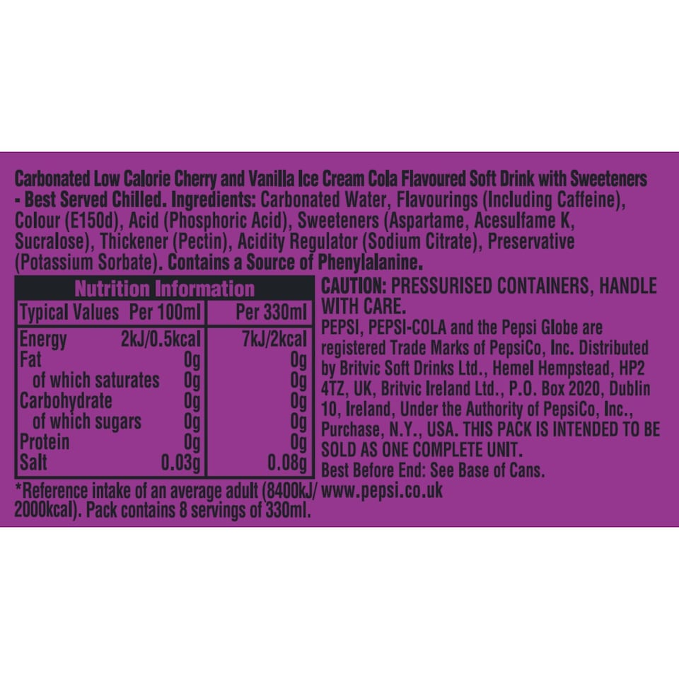 image 1 of Pepsi Cherry & Vanilla Flavour 8 x 330ml