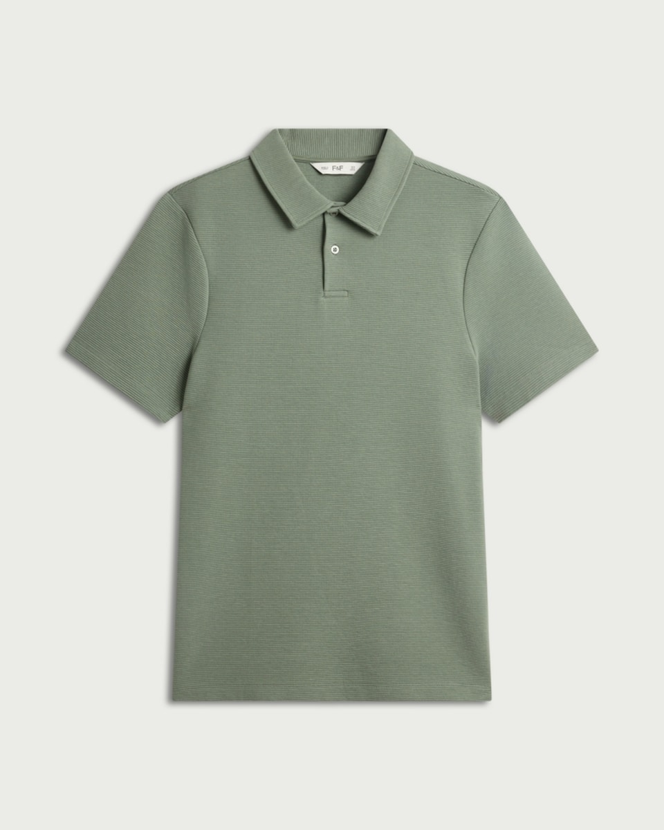 image 1 of F&F Cotton Rich Textured Short Sleeved Polo Shirt in Green