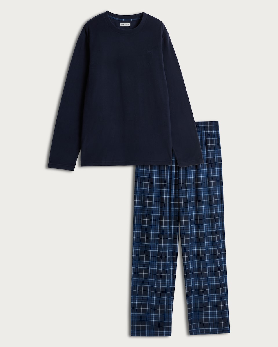 F&F Fleece Long Sleeved Top and Check Trousers Pyjamas in Navy