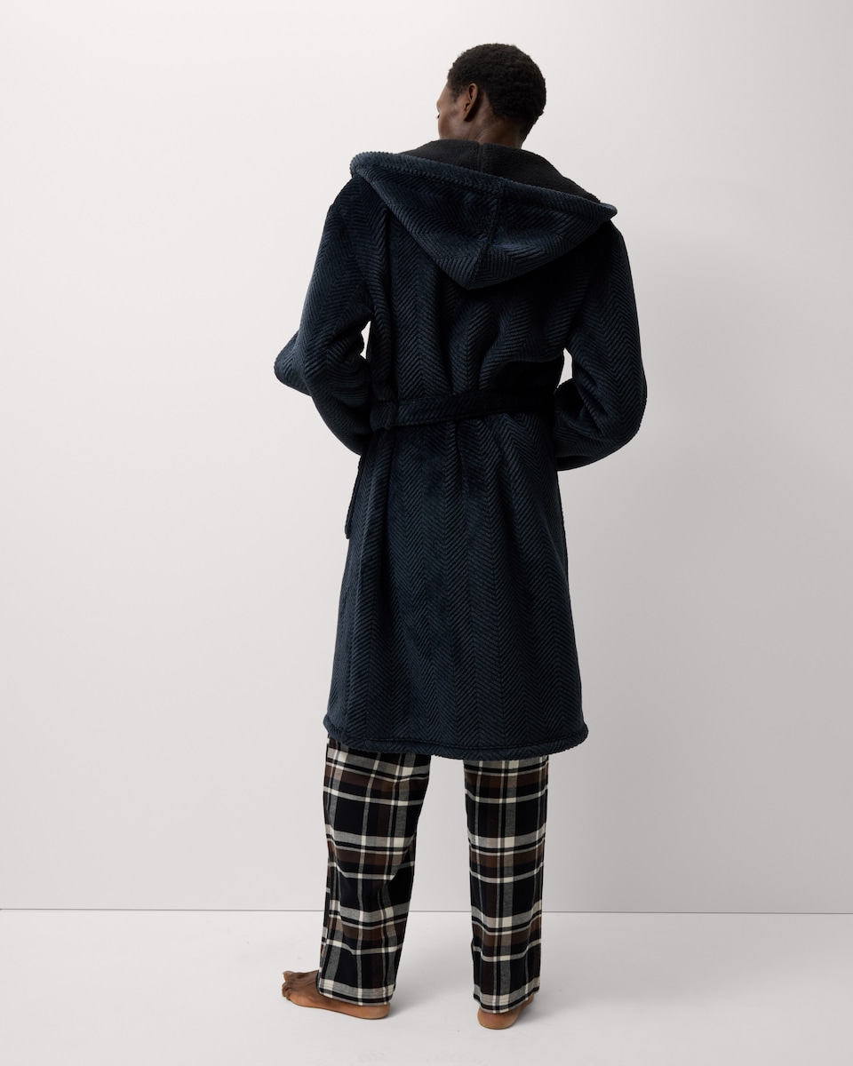 image 1 of F&F Fleece Bonded Herringbone Hooded Dressing Gown in Navy