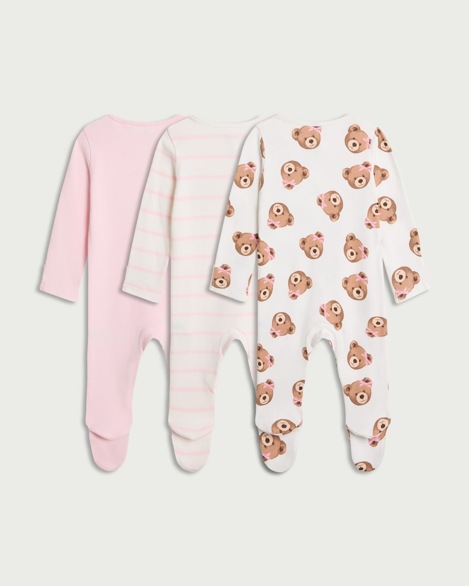 image 1 of F&F Baby 3-Pack Pure Cotton Teddy Bear Printed Sleepsuits in Pink