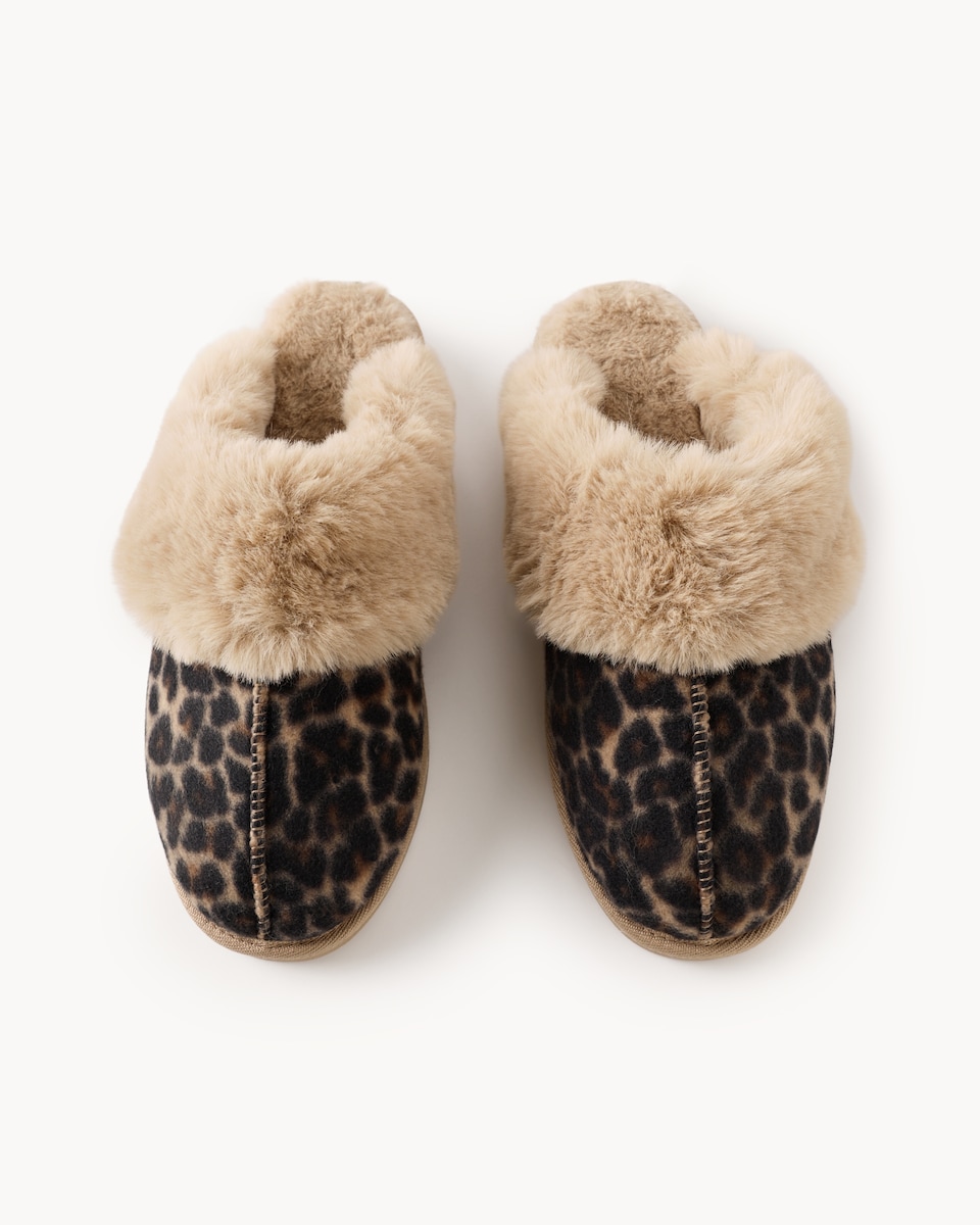 image 1 of F&F Faux Fur Leopard Print Mule Slippers in Brown