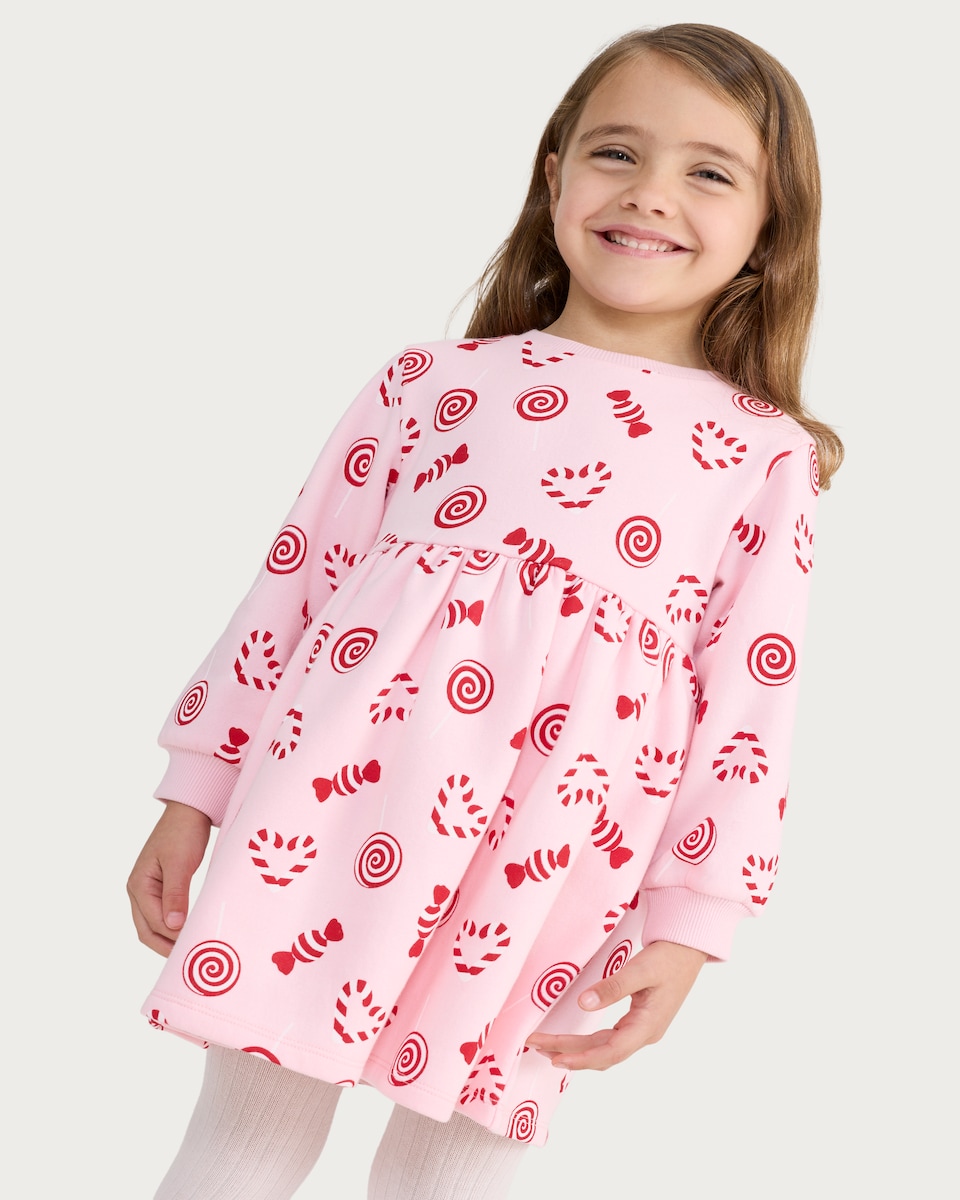 image 1 of F&F Girls Cotton Rich Candy Print Sweat Dress in Pink