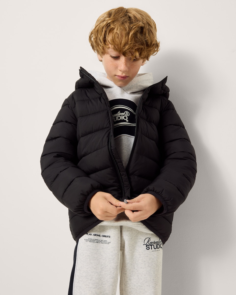 image 1 of F&F Boys Lightweight Padded Hooded Jacket in Black