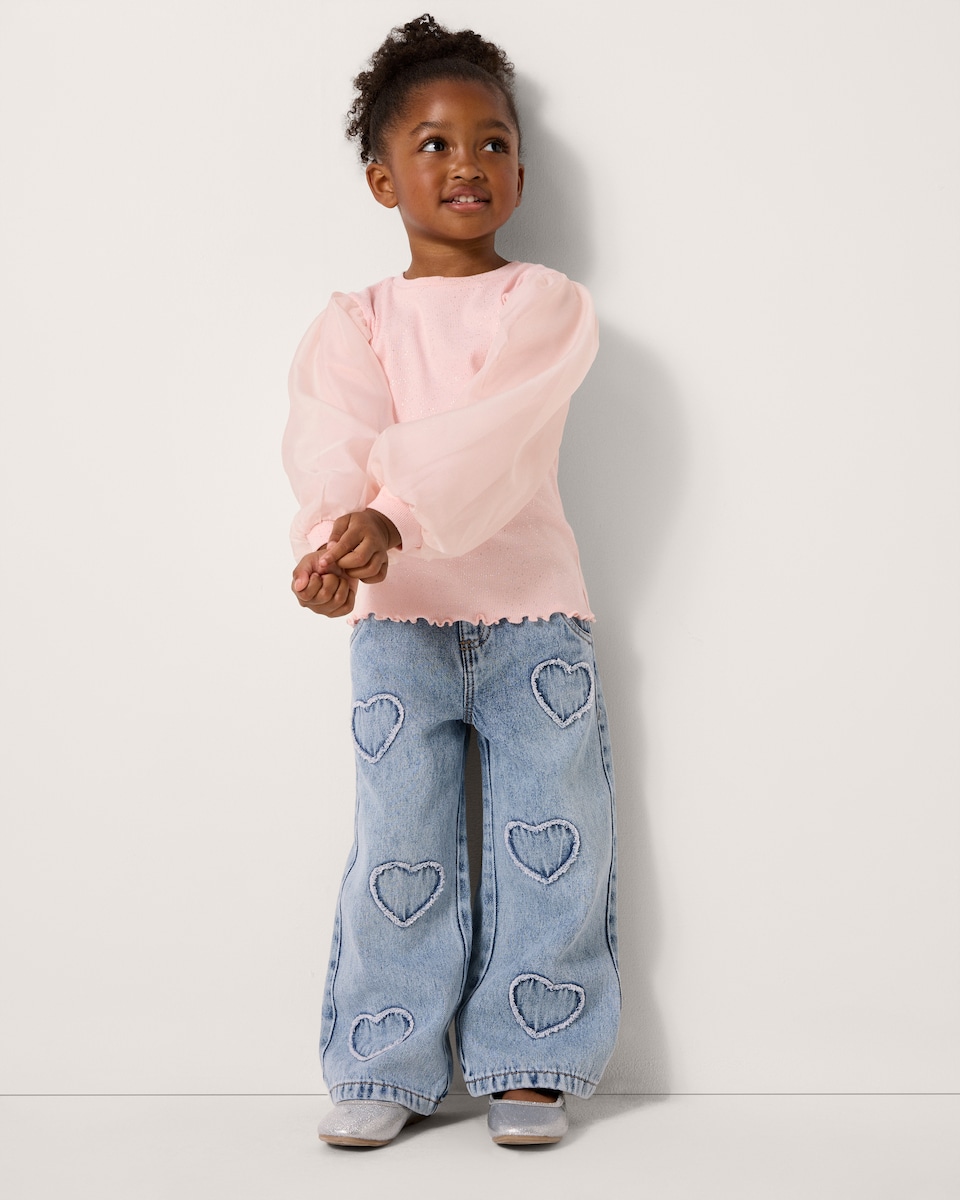 image 1 of F&F Girls Cotton Rich Mesh Sleeved Top in Pink