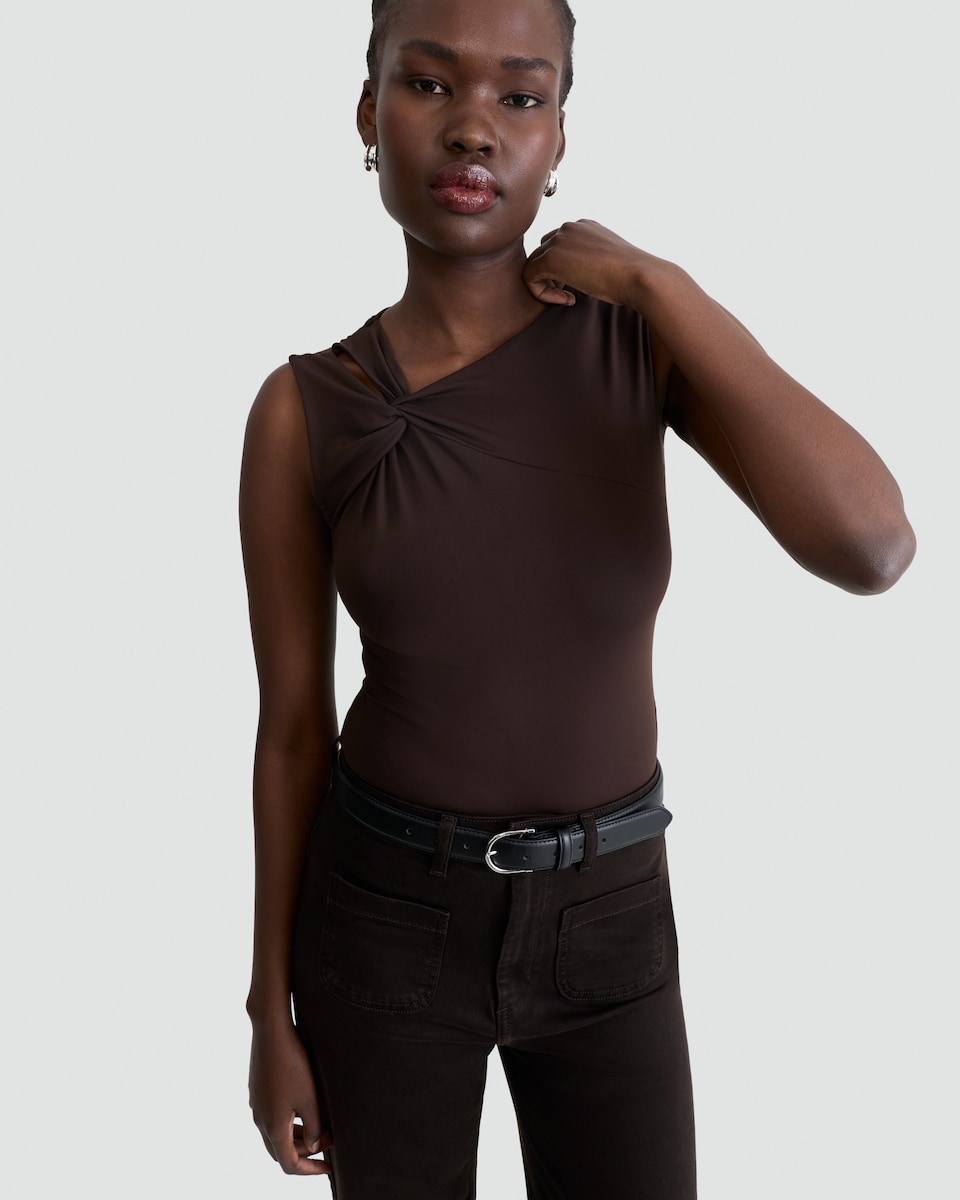 image 1 of F&F Polyamide Twist Detail Sleeveless Bodysuit in Brown