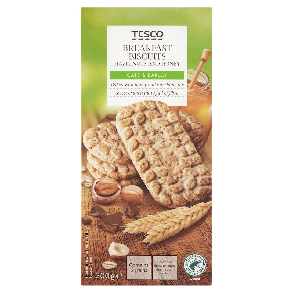Tesco keksz csokoládédarabokkal, mogyoróval, mézzel és hozzáadott kalciummal, magnéziummal 300 g