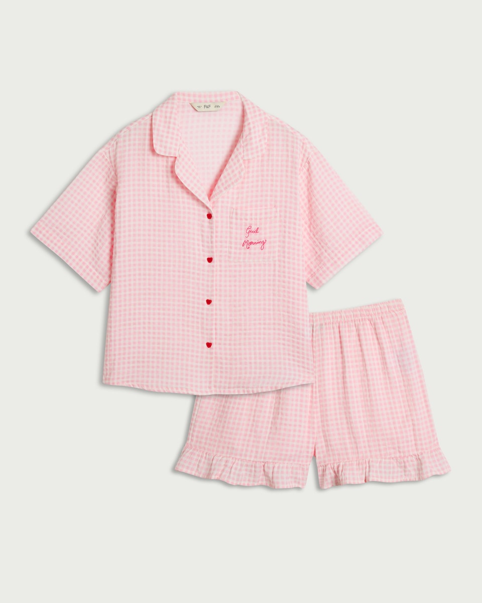 image 1 of F&F Pure Cotton Gingham Short Pyjama Set in Multi Pink