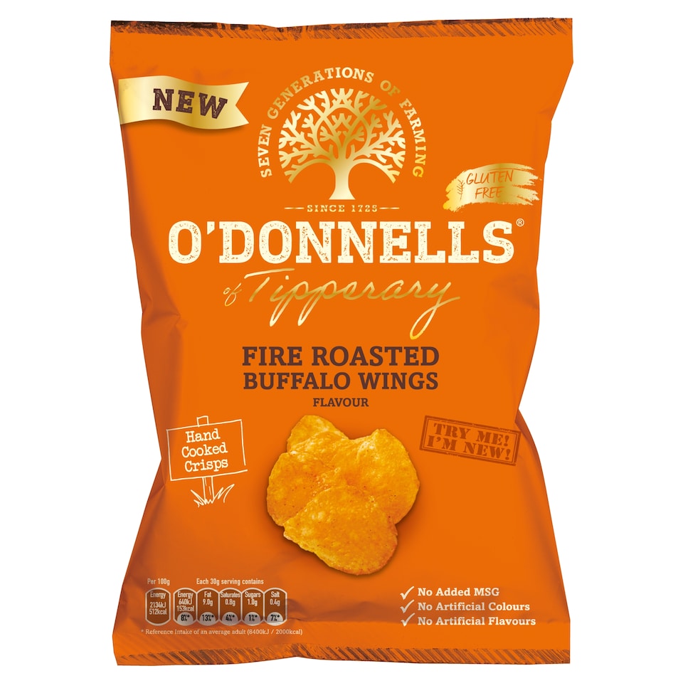 O'Donnells Fire Roasted Buffalo Wings Flavour Hand Cooked Potato Crisps 125g