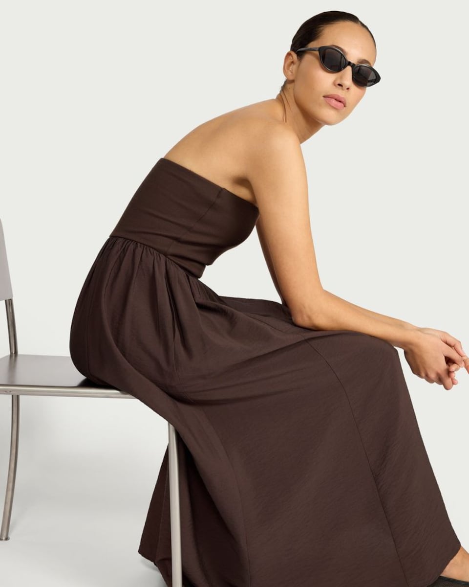 image 1 of F&F Pleated Bandeau Midi Dress in Chocolate