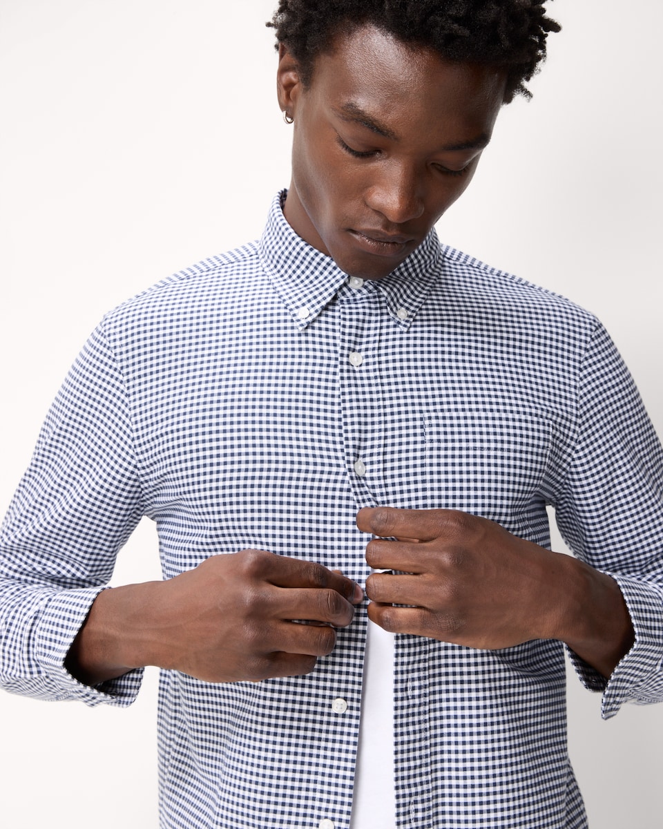 image 1 of F&F Pure Cotton Checked Long Sleeved Oxford Shirt in Navy